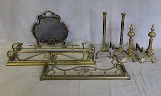 Group of Brass Andirons, Fireplace Fenders and a