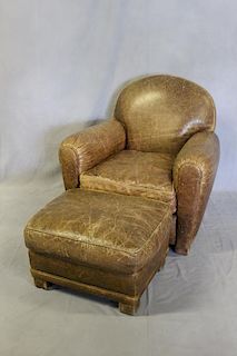 Art Deco Style Leather Club Chair and Ottoman.