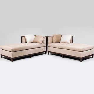 Pair of David Kleinberg Design Associates Suede and Stained Wood Chaise Longues