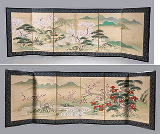Two Antique Japanese Six-Panel Painted Screens