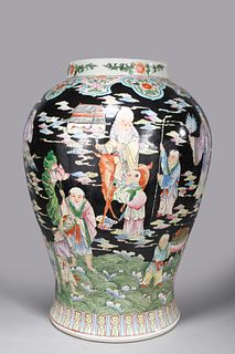 Large Black Ground Enameled Porcelain Vase