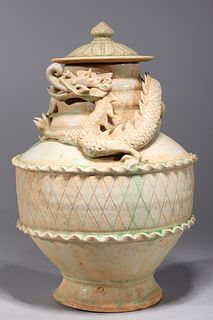 Elaborate Chinese Celadon Glazed Porcelain Dragon Vessel
