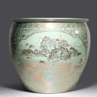 Large Chinese Green & Gilt Porcelain Fish Bowl