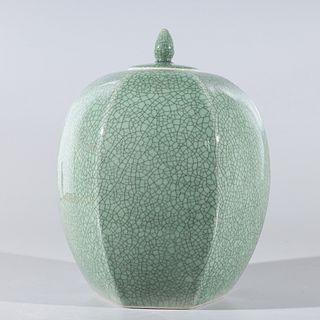Chinese Celadon Crackle Glazed Covered Jar