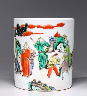 Chinese Famille Verte Enameled Porcelain Brush Pot