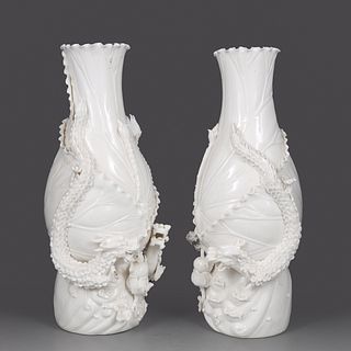Chinese Blanc De Chine Porcelain Dragon Vases