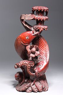 Antique Chinese Carved Hardwood Koi Statue