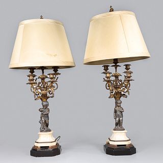 Pair Antique French Bronze Candelabra Later Mounted As Lamps