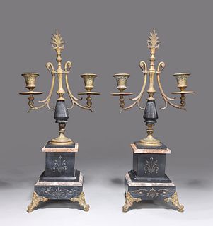 Pair Antique French Marble & Brass Candlesticks