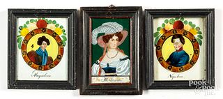 Three small reverse painted portraits, 19th c.