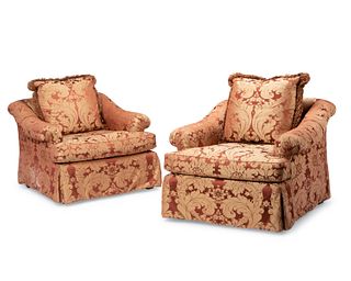 A pair of silk damask armchairs