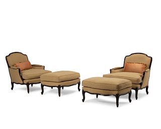 A pair of Louis XV Revival armchairs and ottomans