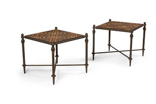 A pair of Italian tile-top outdoor side tables