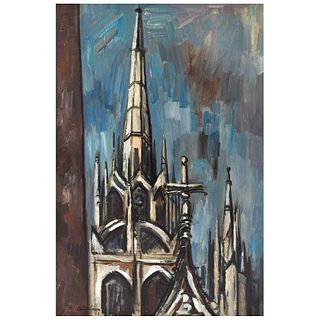 RAÚL ANGUIANO, Torre de la catedral de Nuestra Señora de Ruan, Firmado y fechado 66 al frente y al reverso, Óleo sobre tela, 76 x 51 cm