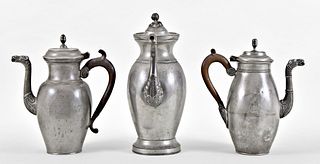 Lot of three Flemish pewter coffee pots with dolphin spouts