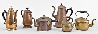 A lot of six 19th and 20th century brass and copper beverage pots