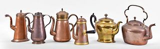 Lot of six 18th - 20th century brass and copper kettles and beverage pots
