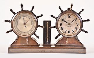 Waterbury Clock. Co. clock, barometer and thermometer desk set