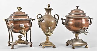 A lot of three old Sheffield plate hot water urns