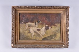 An early 20th century oil on canvas featuring two English Pointers in a field