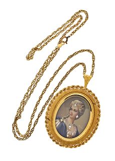 A 20th century gold necklace with brooch/ pendant containing a portrait of a lady