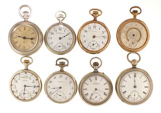 A lot of eight American pocket watches including one with baseball themed dial