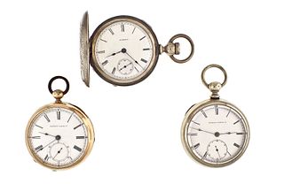 A lot of three American 18 size key wound pocket watches