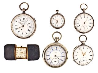 Lot of nine pocket watches, Hamilton display cases, a travel clock and purse watch