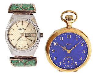 A lot of two watches including an 18 size Elgin with blue guilloche enamel dial