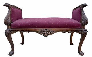 1800's Heavily Carved Upholstered Bench w Griffins 