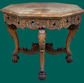 1920's Walnut Heavily Carved Octagon Table 