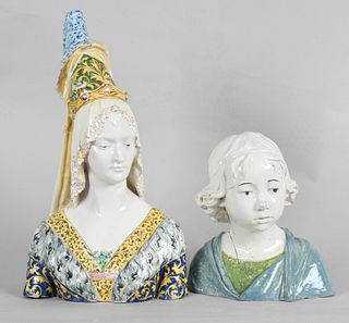 Two Italian maiolica style Renaissance busts