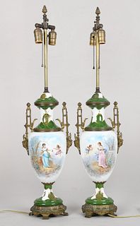 Pair of Continental Gilt Bronze and Porcelain Urns/Lamps