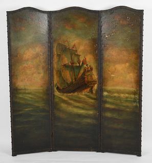 Spanish Baroque style painted canvas floor screen