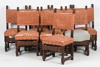 Eight Spanish Baroque style walnut dining chairs