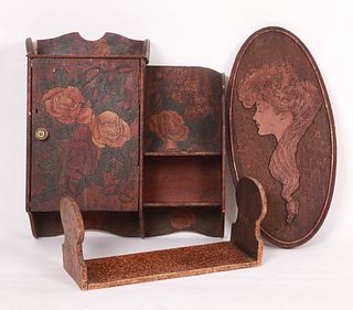 Three Art Nouveau painted and pyrography articles