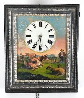 A Black Forest eglomise picture frame wall clock