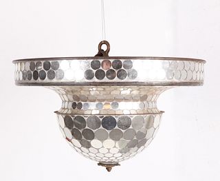 A whimsical mirrored iron rotating ceiling fixture