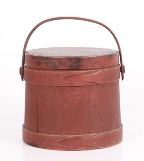 A red painted pine and oak firkin bucket