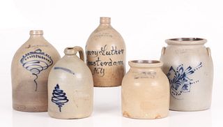 Five American salt glazed stoneware jugs and crocks