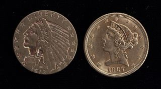 Two Gold Five Dollar Coins, 1907 and 1913