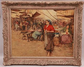 Impressionist Market Scene, Oil on Canvas