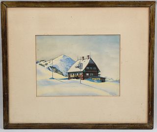 Alpine winter landscape, watercolor on paper