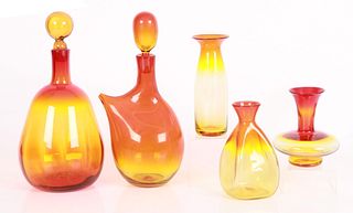 Five pieces of Blenko tangerine glass