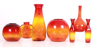 Seven pieces of tangerine Blenko glass
