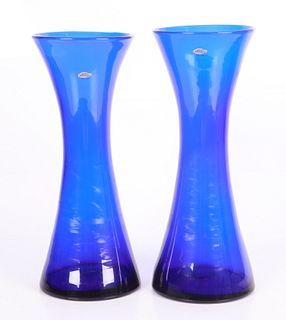 A pair of Blenko glass cobalt hourglass vases