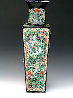 Chinese Famille Rose Carved Square Porcelain Vase