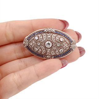 Sapphires & Diamonds Art Deco 18k Gold Brooch