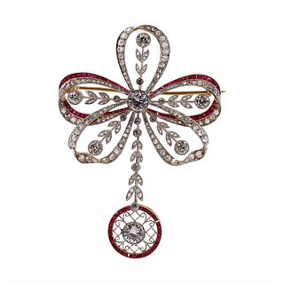Art Deco 18k Gold & Platinum Diamonds & Rubies Pendant /  Brooch