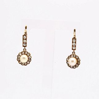 Antique Drop 18k Gold Earrings with Diamonds & Pearls